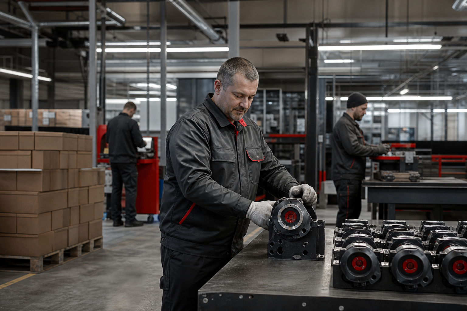 Factory floor with production equipment and workers