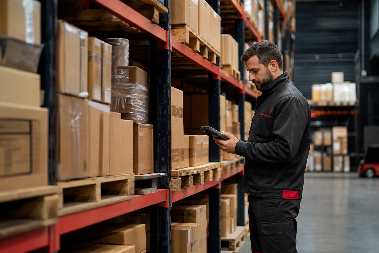 Warehouse shelves with organized product stock