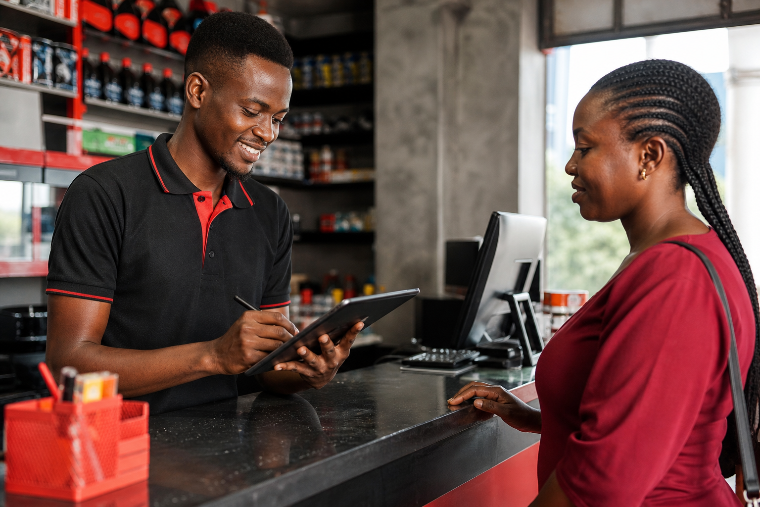 Outlet staff creating a sales invoice on a tablet